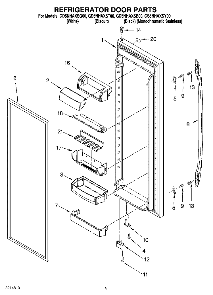 REFRIGERATOR DOOR PARTS Diagram and Parts List for GS5NHAXSY00  Whirlpool Refrigerator