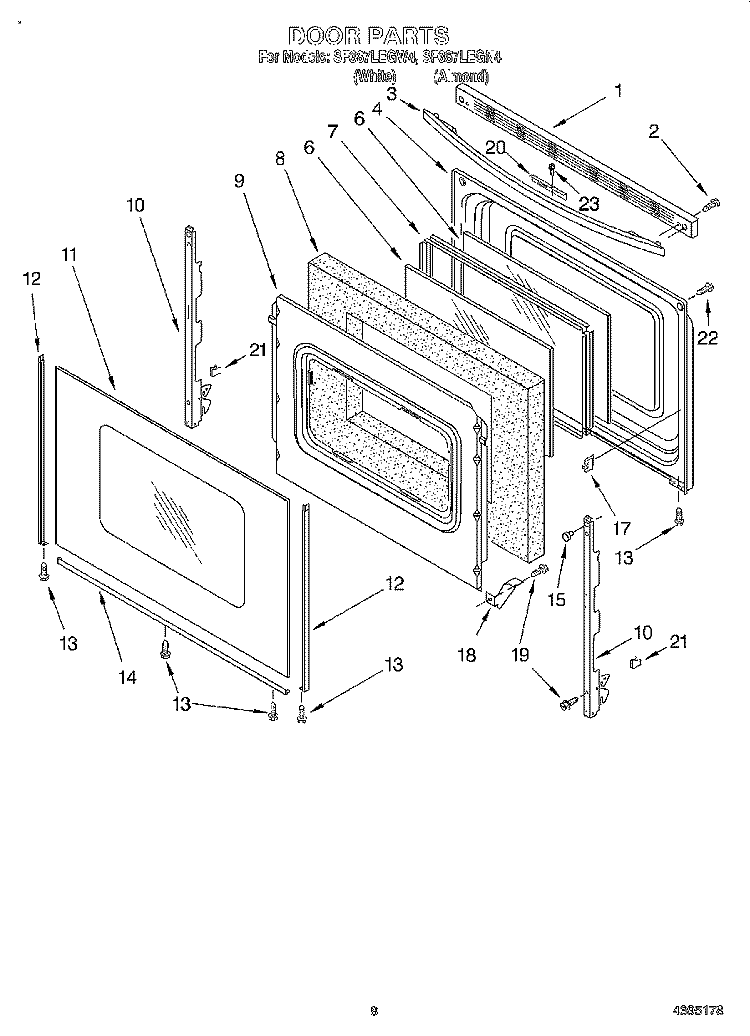 DOOR, OPTIONAL Diagram and Parts List for SF387LEGN4  Whirlpool Range