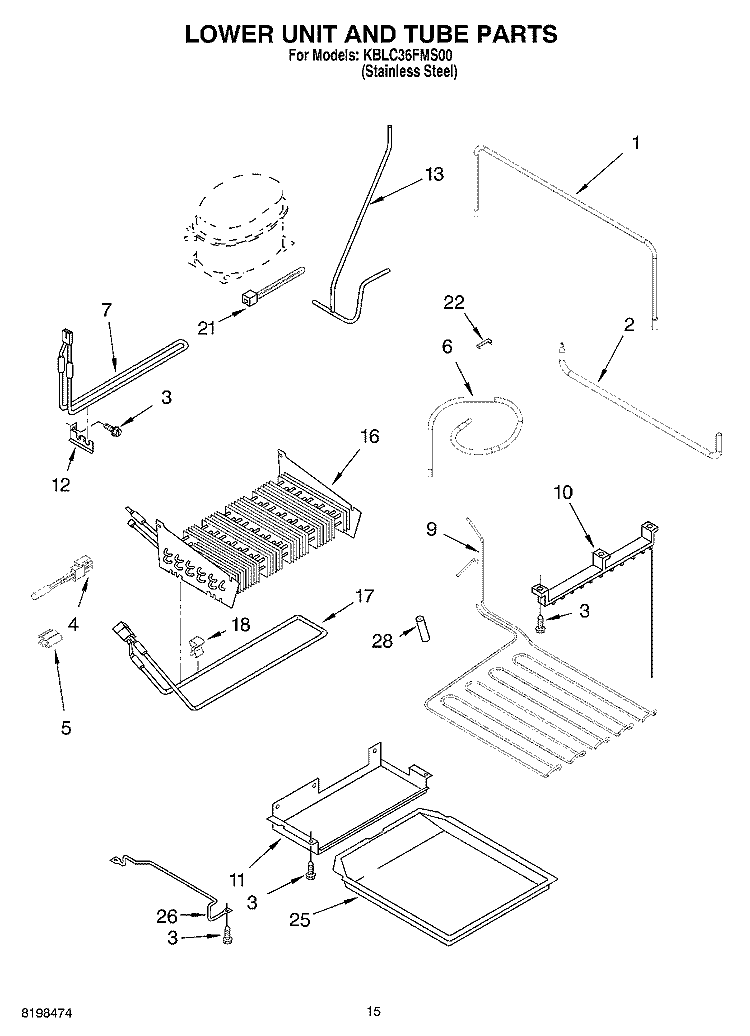 LOWER UNIT AND TUBE PARTS Diagram and Parts List for KBLC36FMS00  KitchenAid Refrigerator