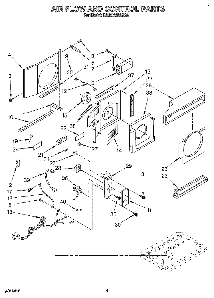 AIR FLOW AND CONTROL Diagram and Parts List for BHAC0500XS4  Whirlpool Air Conditioner