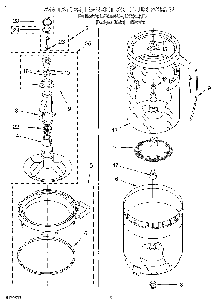 AGITATOR, BASKET AND TUB Diagram and Parts List for LXR9445JT0  Whirlpool Washer