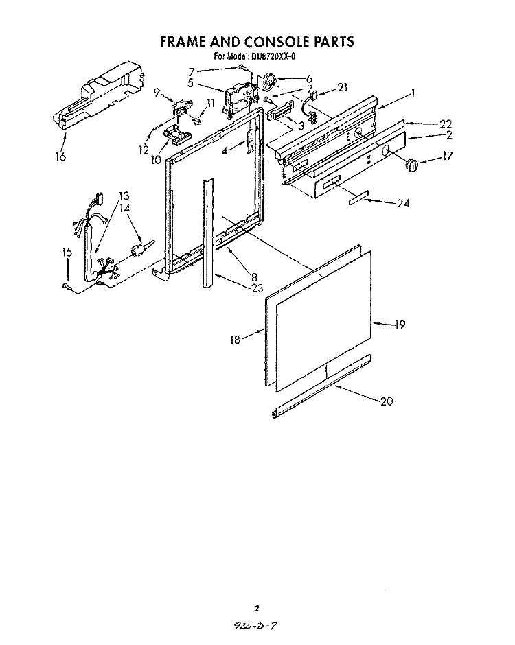 FRAME AND CONSOLE Diagram and Parts List for DU8720XX0  Whirlpool Dishwasher