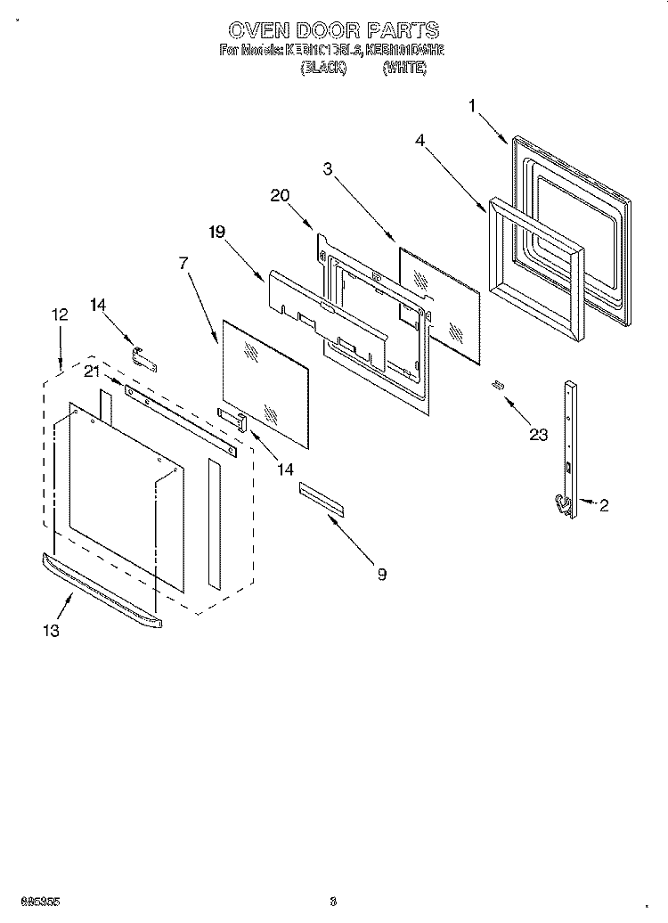 OVEN DOOR Diagram and Parts List for KEBI101DWH6  KitchenAid Wall Oven