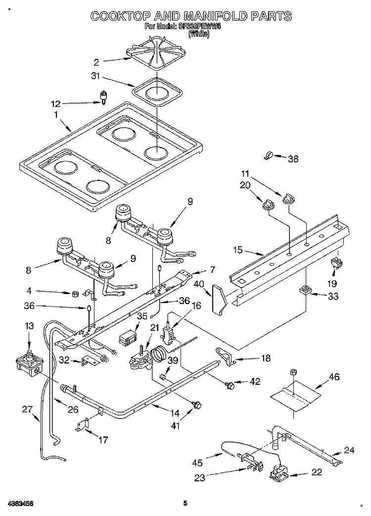 COOKTOP AND MANIFOLD, LITERATURE Diagram and Parts List for SF330PEWW8  Whirlpool Range