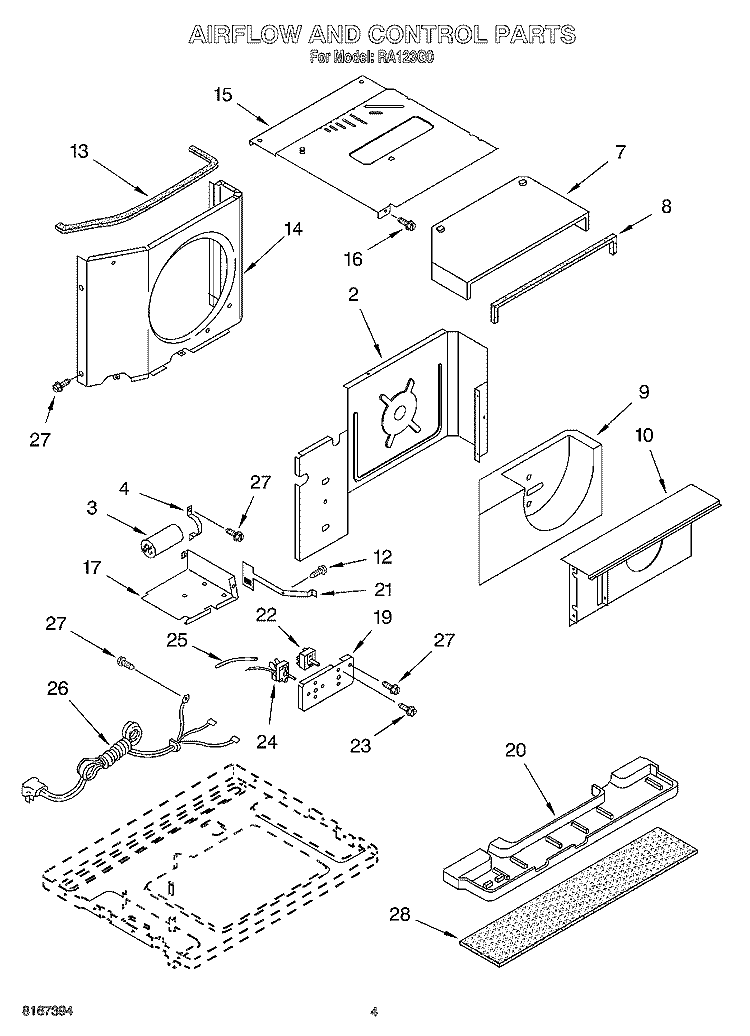 AIR FLOW AND CONTROL Diagram and Parts List for RA123G0  Whirlpool Air Conditioner