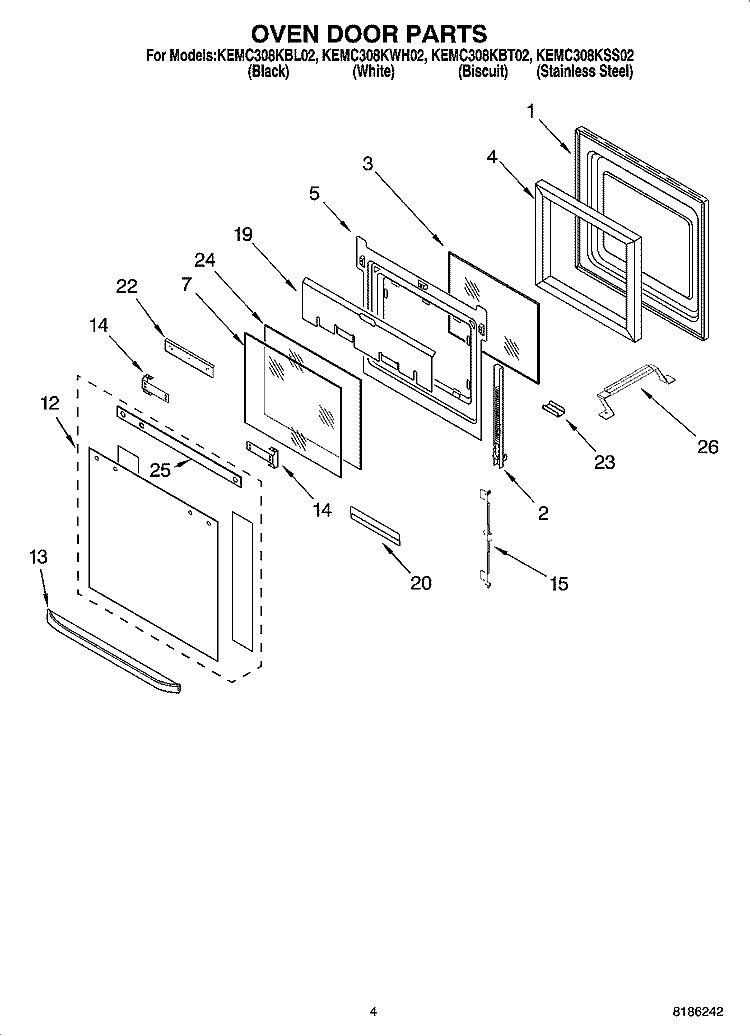 OVEN DOOR PARTS Diagram and Parts List for KEMC308KBT02  KitchenAid Microwave Oven Combo