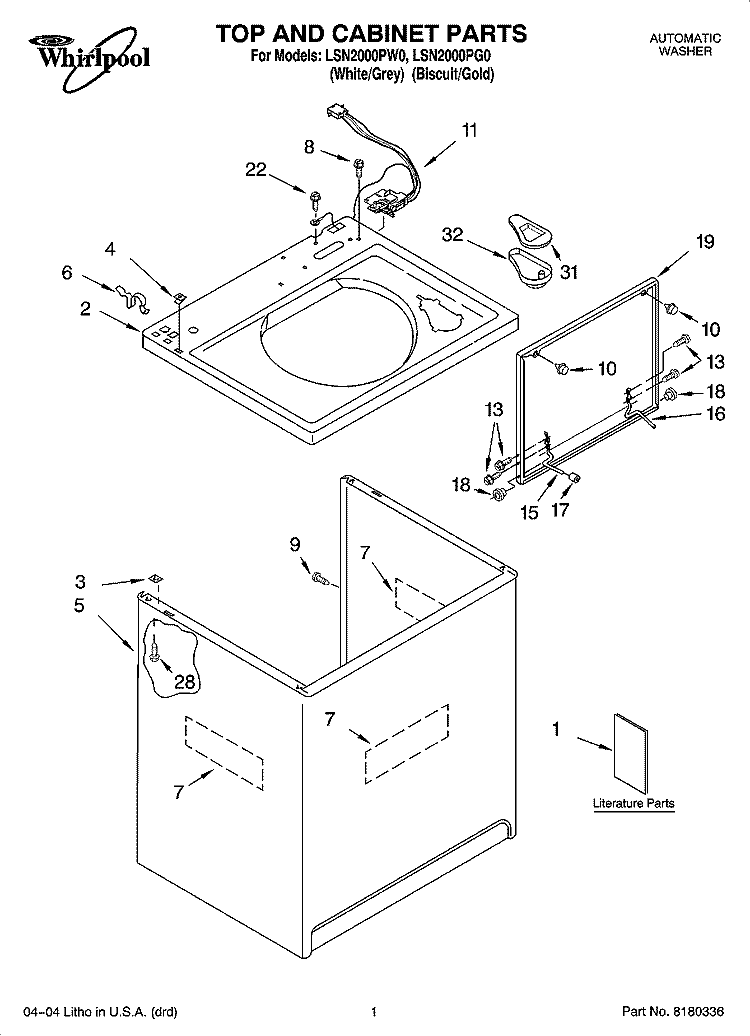 TOP AND CABINET PARTS Diagram and Parts List for LSN2000PG0  Whirlpool Washer