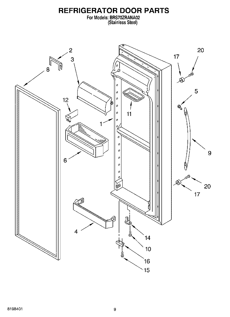 REFRIGERATOR DOOR PARTS Diagram and Parts List for BRS70ZRANA02  Whirlpool Refrigerator