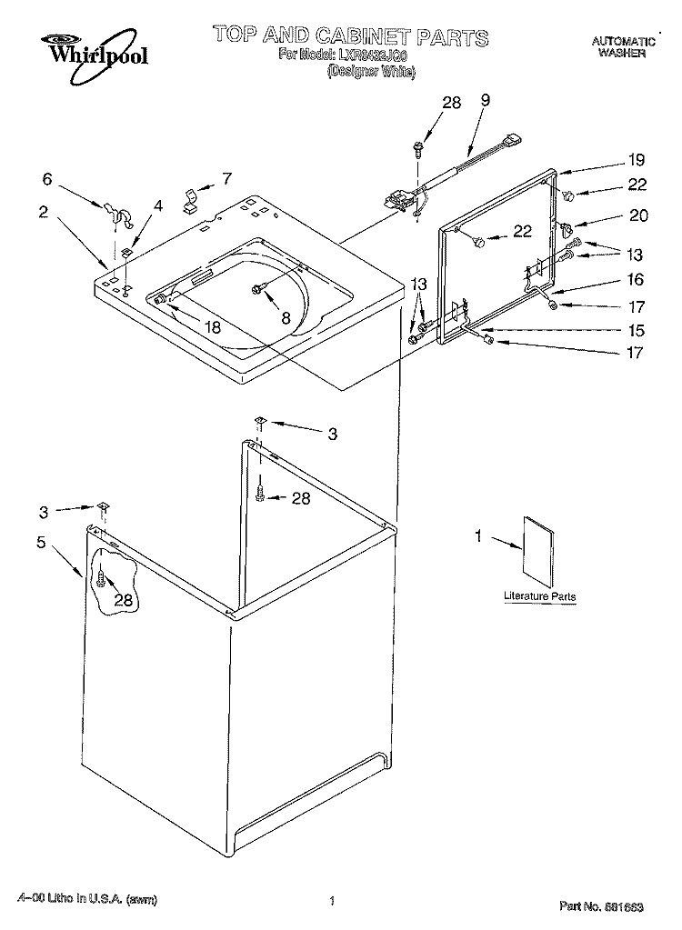 TOP AND CABINET, LITERATURE Diagram and Parts List for LXR6432JQ0  Whirlpool Washer