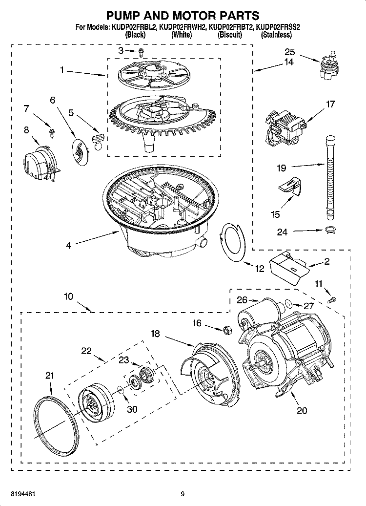 PUMP AND MOTOR PARTS Diagram and Parts List for KUDP02FRBT2  KitchenAid Dishwasher