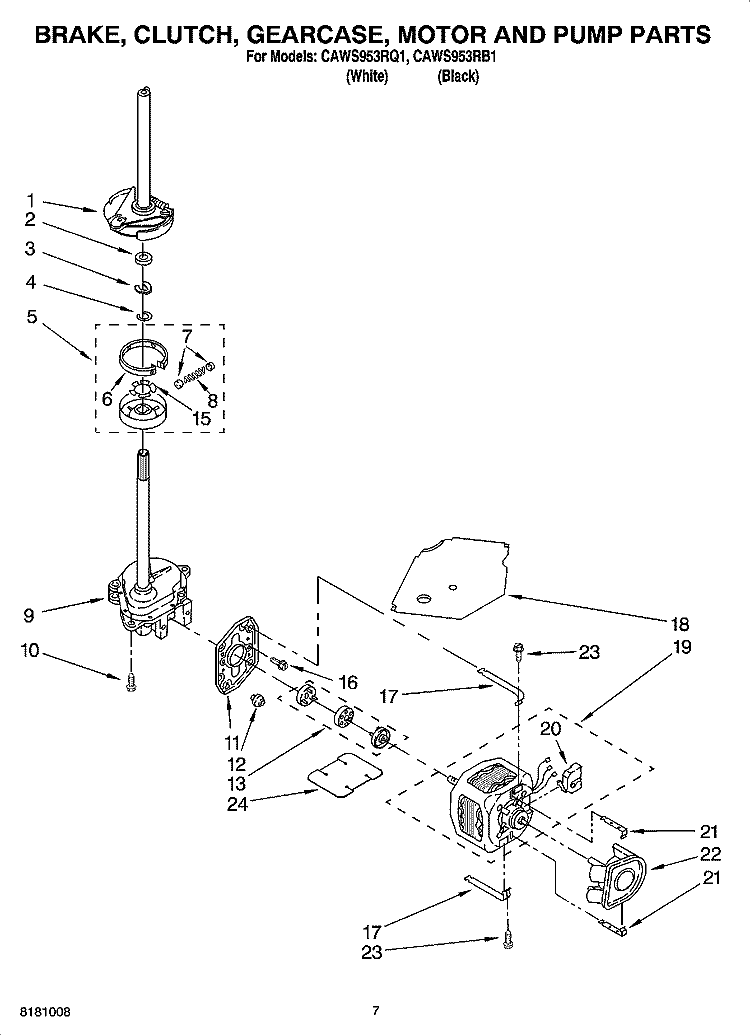 BRAKE, CLUTCH, GEARCASE, MOTOR AND PUMP PARTS Diagram and Parts List for CAWS953RB1  Crosley Washer