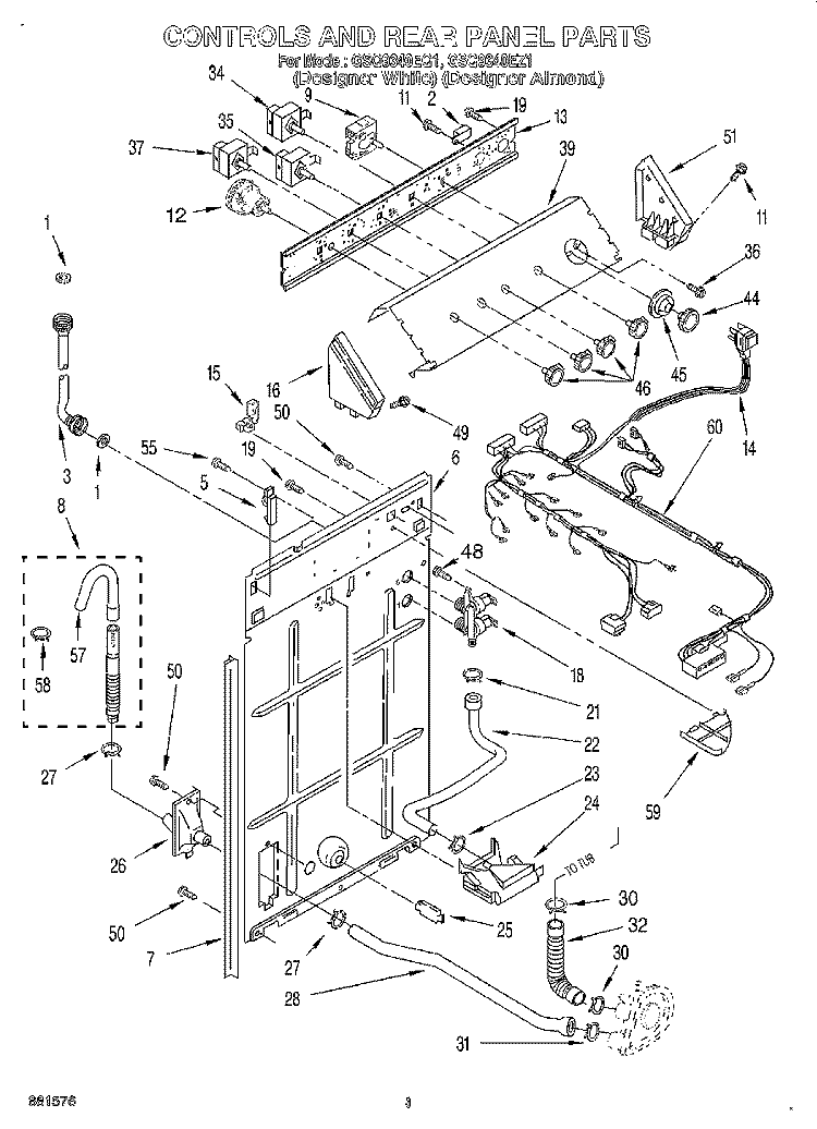 CONTROLS AND REAR PANEL Diagram and Parts List for GSQ9340EZ1  Whirlpool Washer