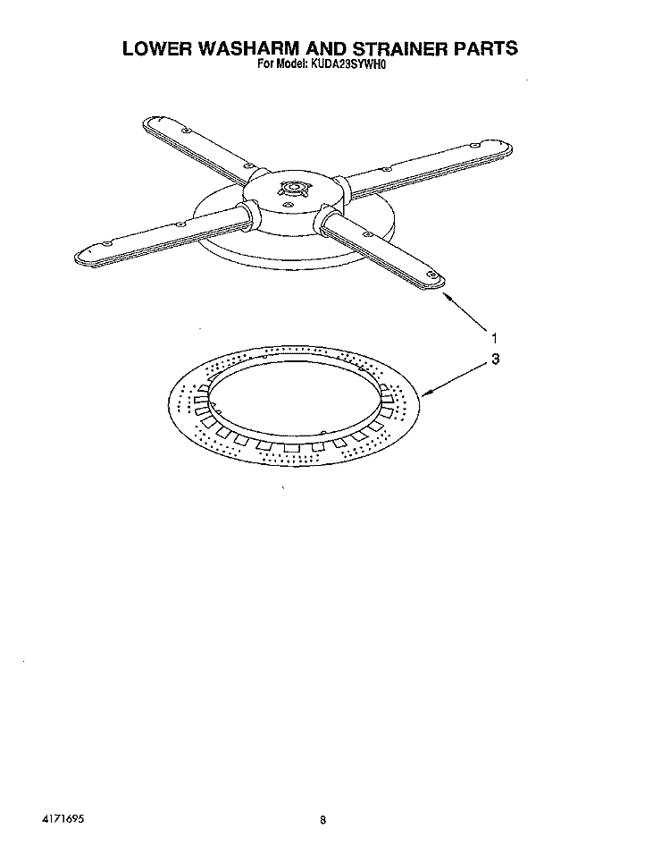 LOWER WASHARM AND STRAINER Diagram and Parts List for KUDA23SYWH0  KitchenAid Dishwasher