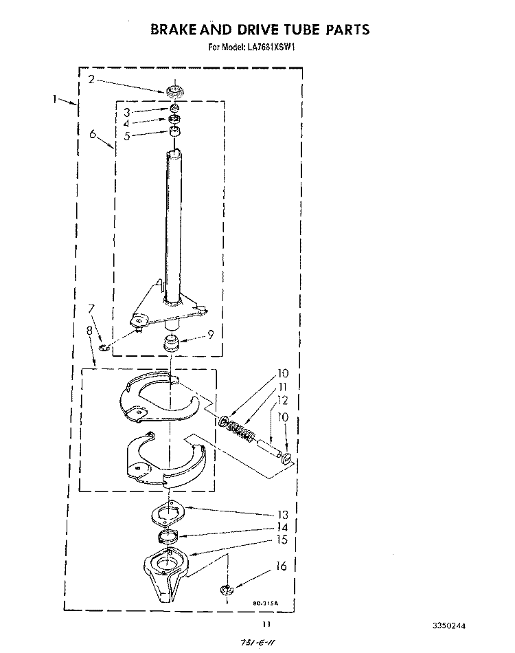 BRAKE AND DRIVE TUBE Diagram and Parts List for LA7681XSW1  Whirlpool Washer