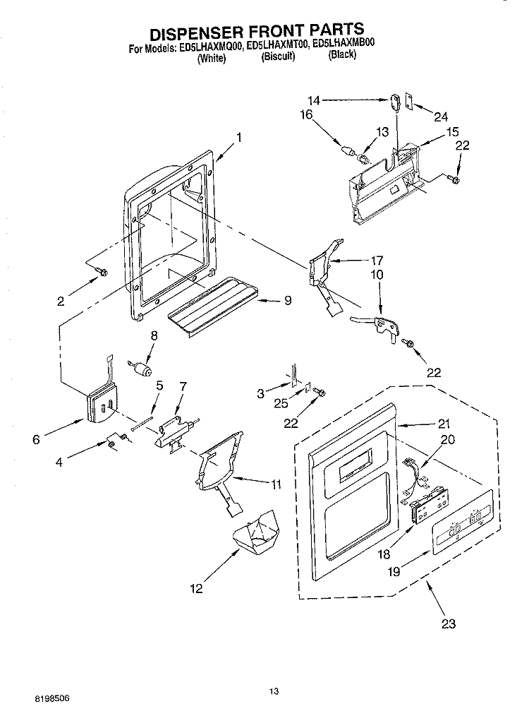 DISPENSER FRONT PARTS Diagram and Parts List for ED5LHAXMB00  Whirlpool Refrigerator