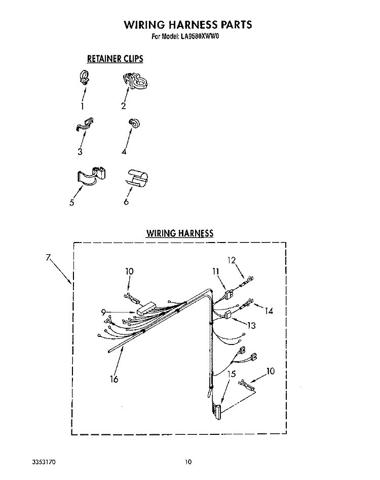WIRING HARNESS Diagram and Parts List for LA9580XWF0  Whirlpool Washer