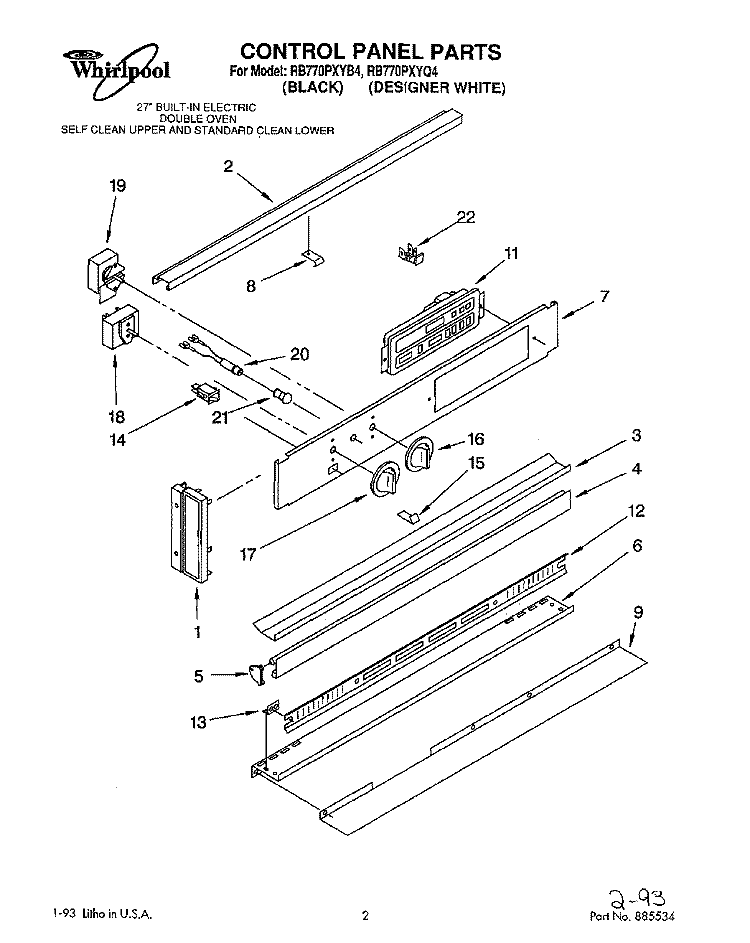 CONTROL PANEL, LIT/OPTIONAL Diagram and Parts List for RB770PXYQ4  Whirlpool Wall Oven