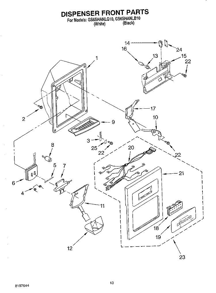 DISPENSER FRONT Diagram and Parts List for GS6SHANLB10  Whirlpool Refrigerator