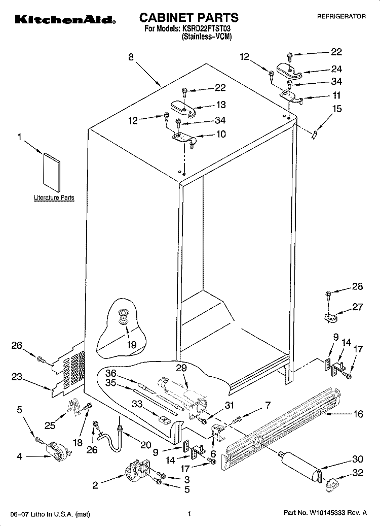 CABINET PARTS Diagram and Parts List for KSRD22FTST03  KitchenAid Refrigerator