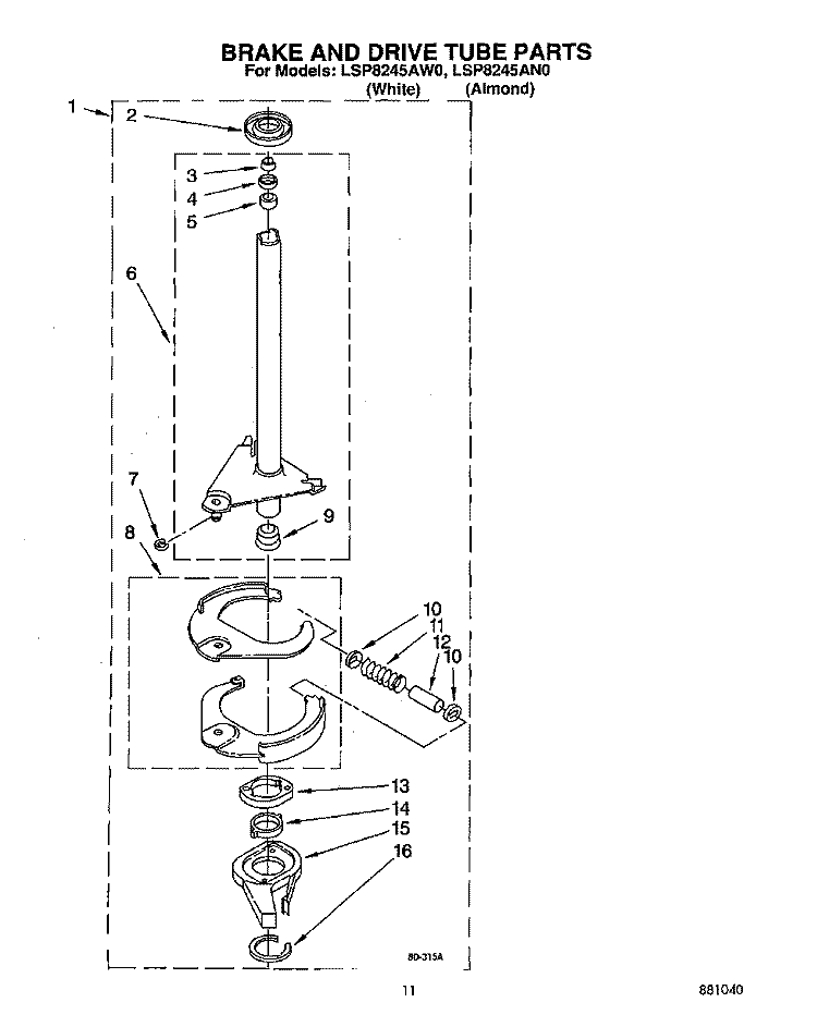 BRAKE AND DRIVE TUBE Diagram and Parts List for LSP8245AW0  Whirlpool Washer