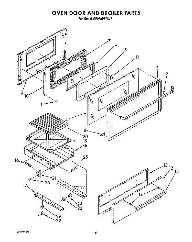 OVEN DOOR AND BROILER Diagram and Parts List for SE950PERW7  Whirlpool Range