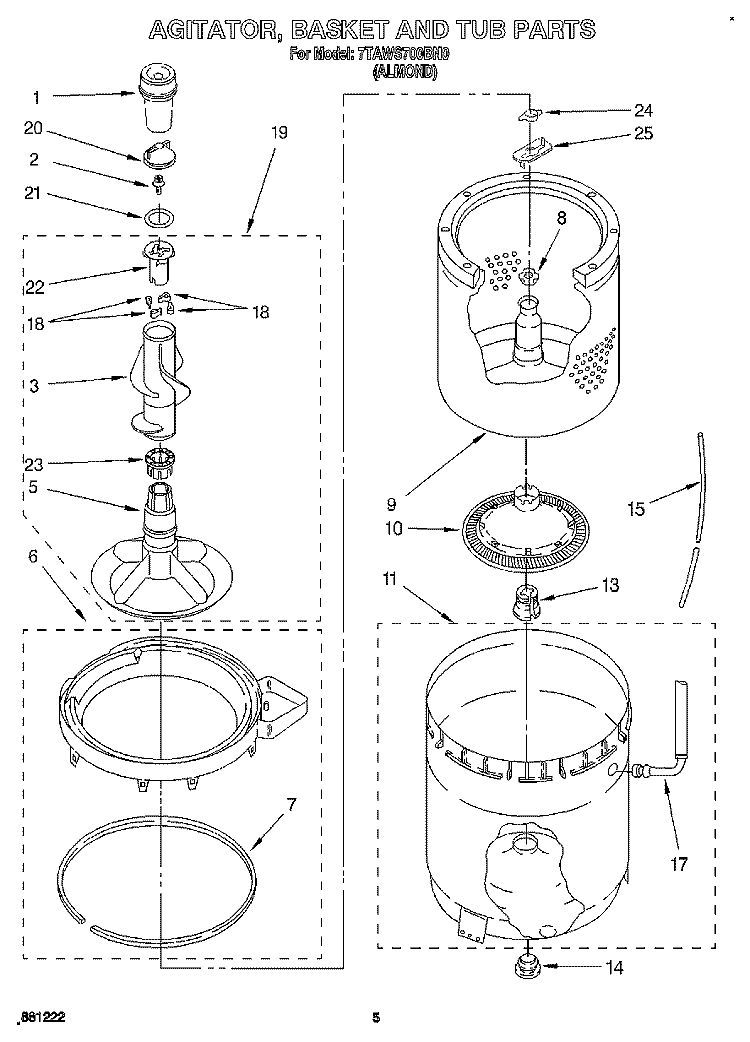 AGITATOR, BASKET AND TUB Diagram and Parts List for 7TAWS700BN0  Whirlpool Washer