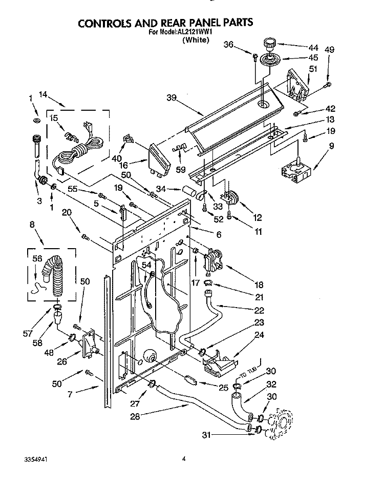 CONTROLS AND REAR PANEL Diagram and Parts List for AL2121WW1  Whirlpool Washer