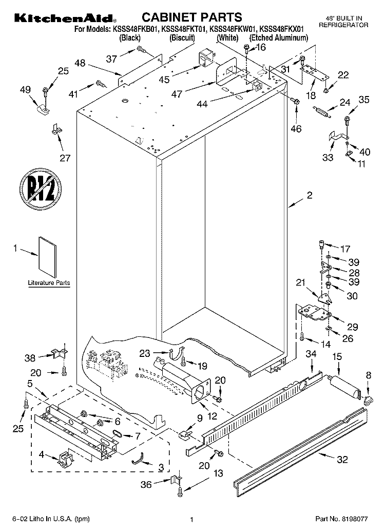 CABINET, LITERATURE Diagram and Parts List for KSSS48FKW01  KitchenAid Refrigerator