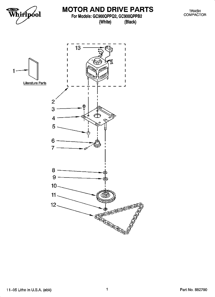 MOTOR AND DRIVE PARTS Diagram and Parts List for GC900QPPQ2  Whirlpool Trash Compactor