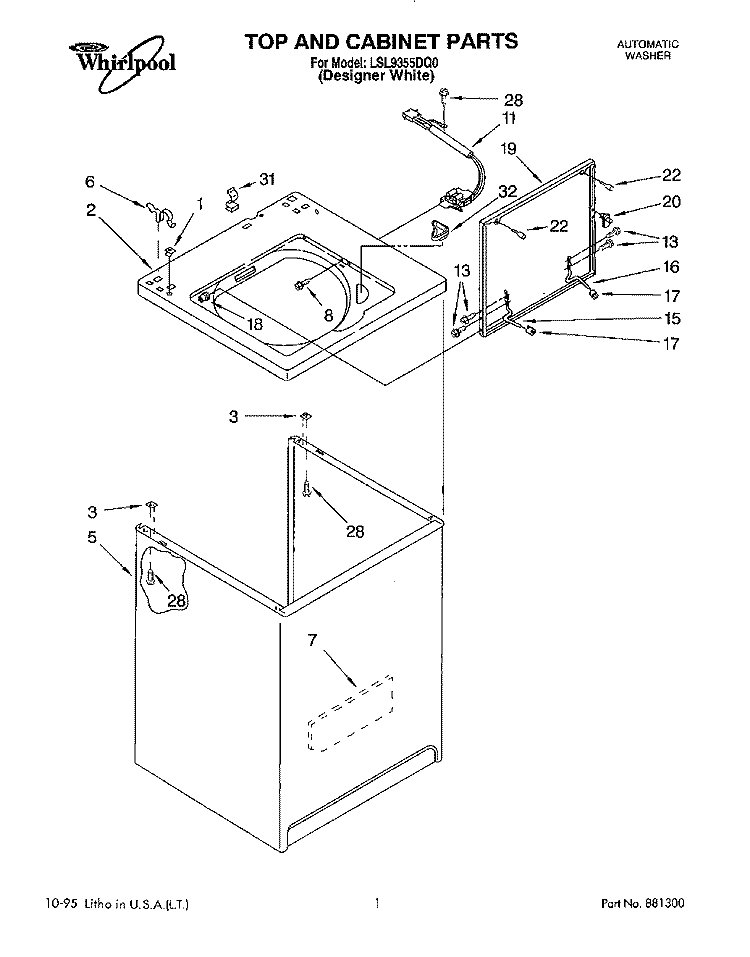 TOP AND CABINET Diagram and Parts List for LSL9355DQ0  Whirlpool Washer
