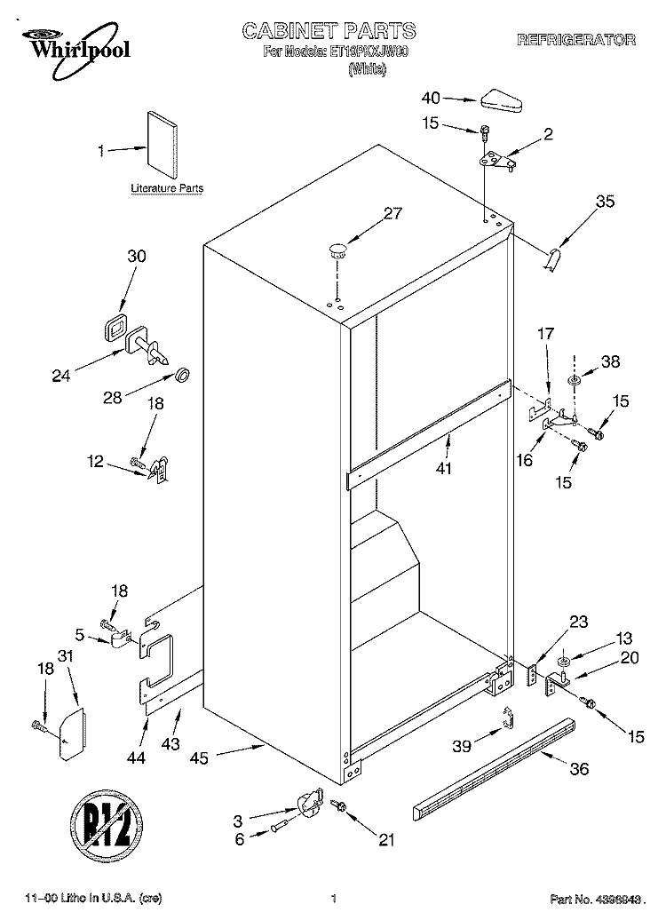 CABINET, LITERATURE Diagram and Parts List for ET19PKXJW00  Whirlpool Refrigerator