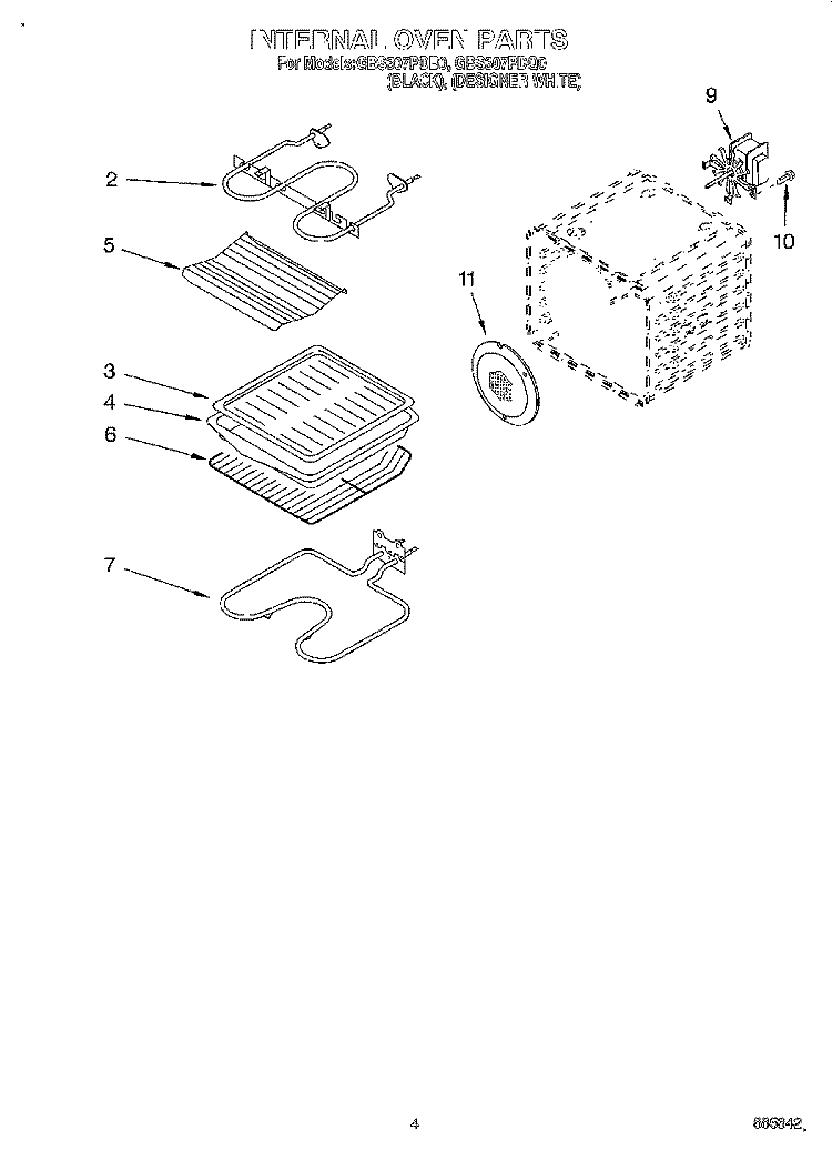INTERNAL OVEN Diagram and Parts List for GBS307PDQ0  Whirlpool Wall Oven