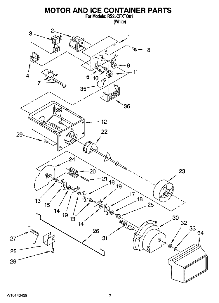 MOTOR AND ICE CONTAINER PARTS Diagram and Parts List for RS25CFXTQ01  Roper Refrigerator