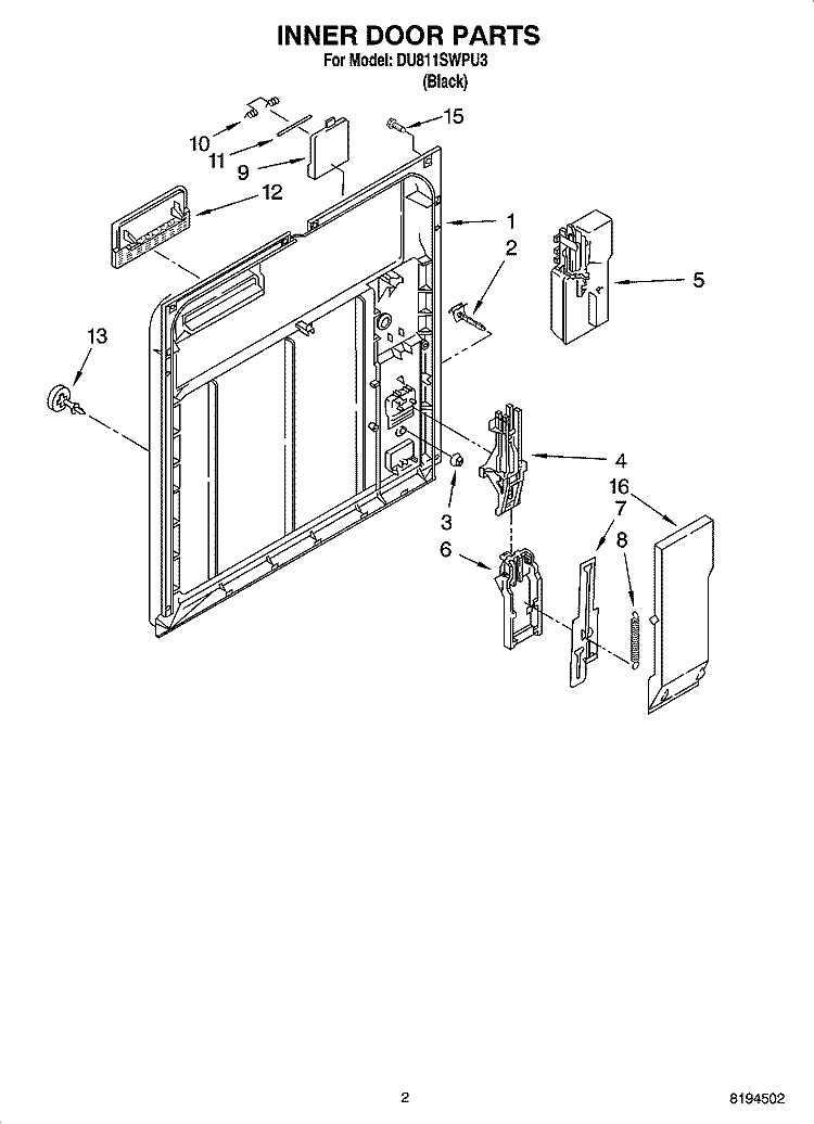 INNER DOOR PARTS Diagram and Parts List for DU811SWPU3  Whirlpool Dishwasher
