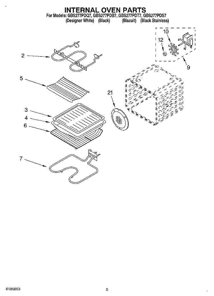 INTERNAL OVEN Diagram and Parts List for GBS277PDS7  Whirlpool Wall Oven