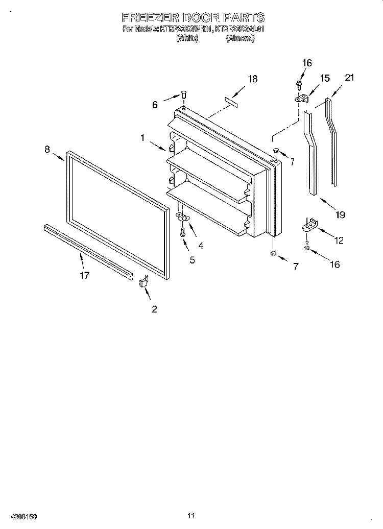 FREEZER DOOR, LIT/OPTIONAL Diagram and Parts List for KTRP22KGAL01  KitchenAid Refrigerator