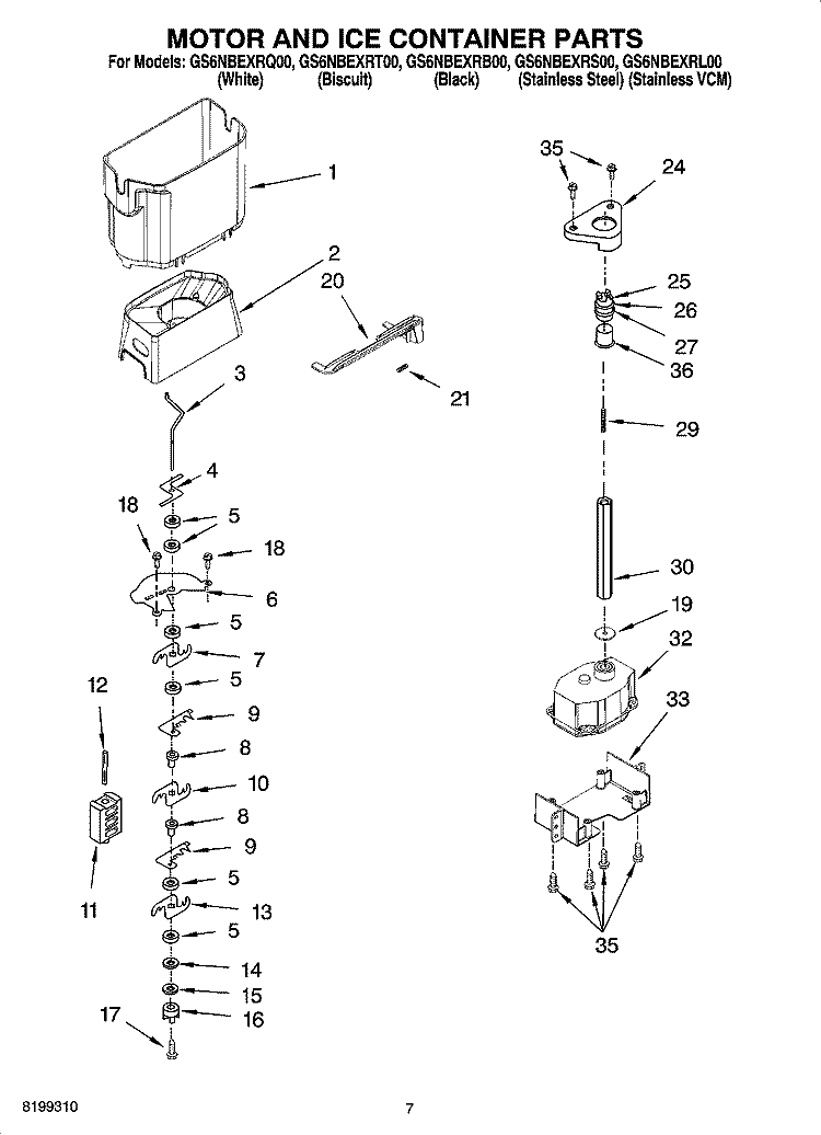 MOTOR AND ICE CONTAINER PARTS Diagram and Parts List for GS6NBEXRT00  Whirlpool Refrigerator