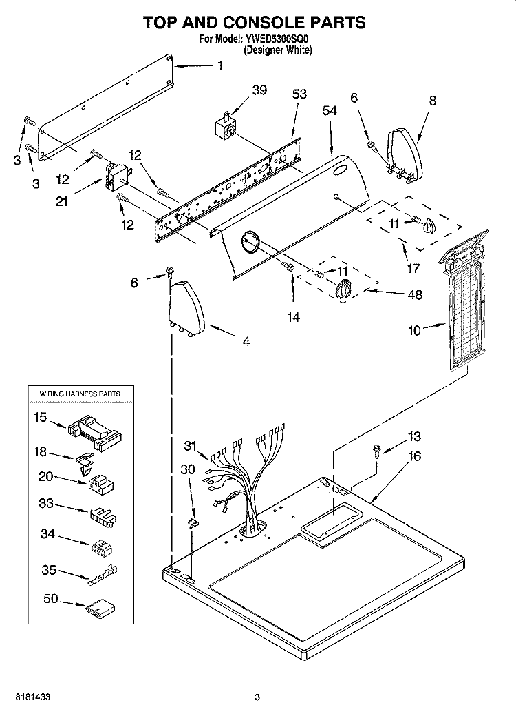 TOP AND CONSOLE PARTS Diagram and Parts List for YWED5300SQ0  Whirlpool Dryer
