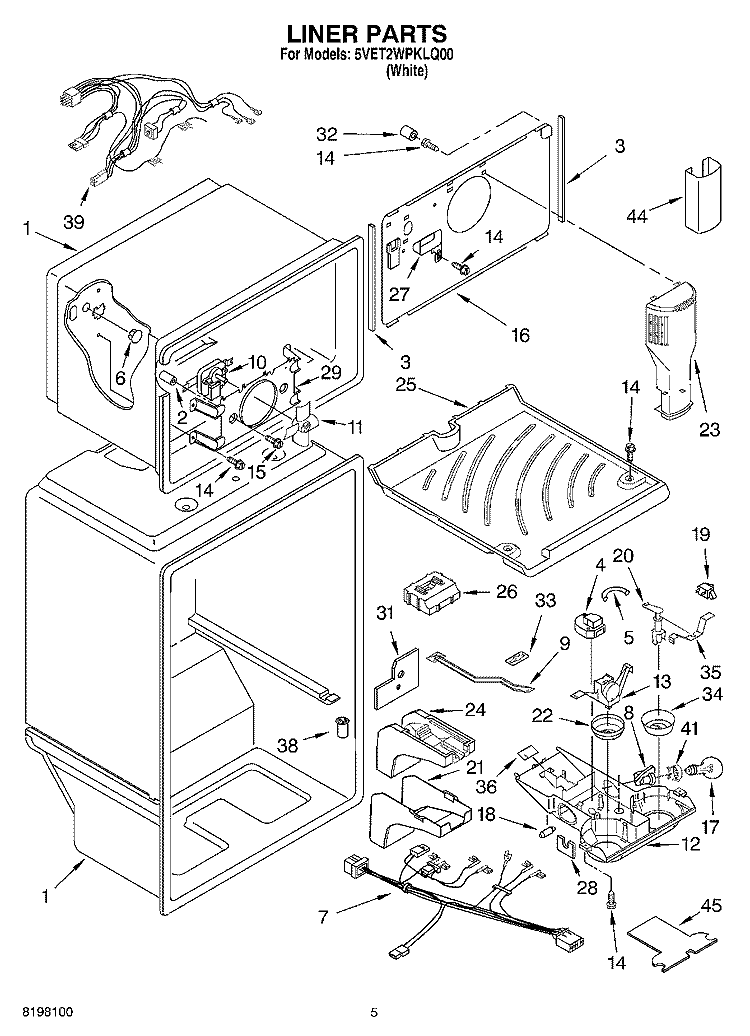 LINER Diagram and Parts List for 5VET2WPKLQ00  Whirlpool Refrigerator