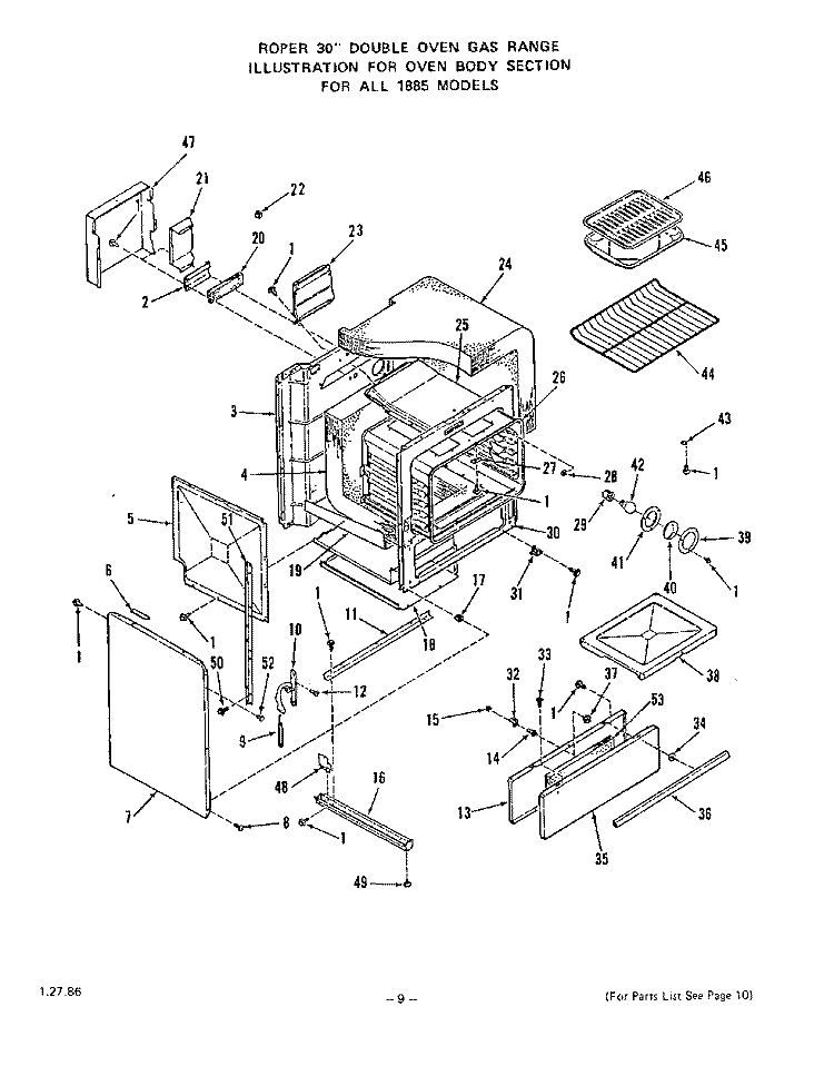 OVEN BODY Diagram and Parts List for 1885W1A  Roper Range