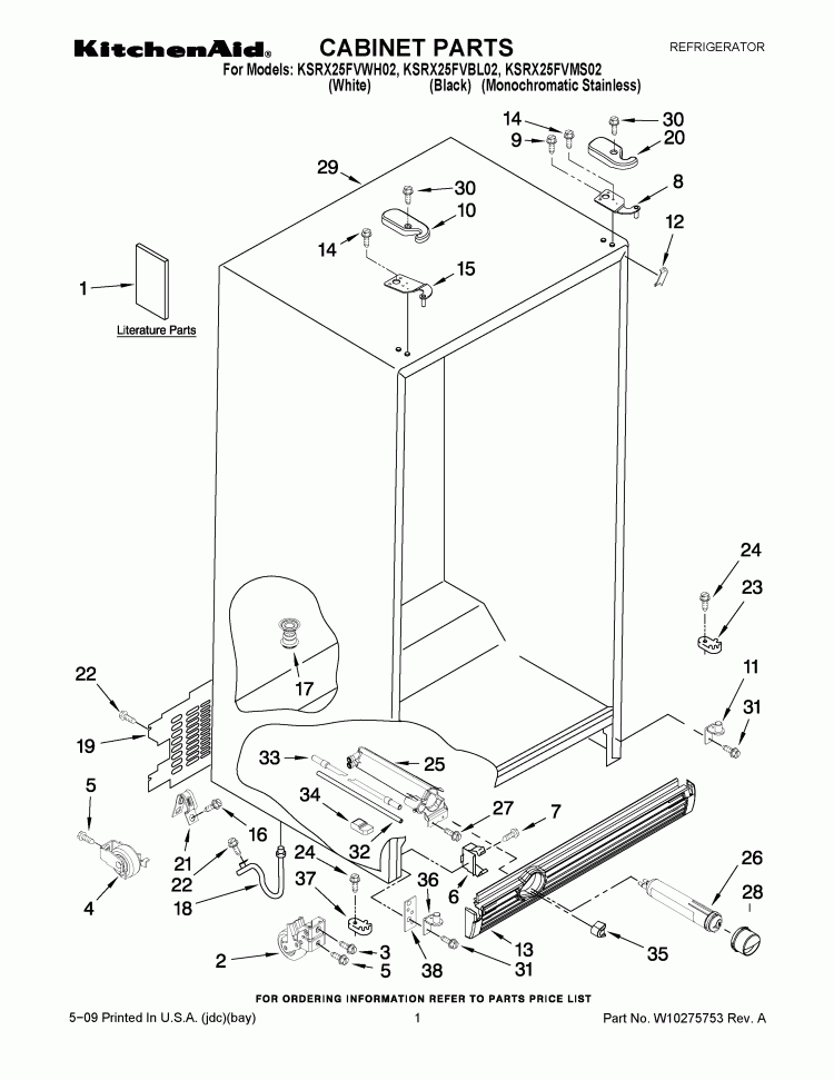 CABINET PARTS Diagram and Parts List for KSRX25FVMS02  KitchenAid Refrigerator