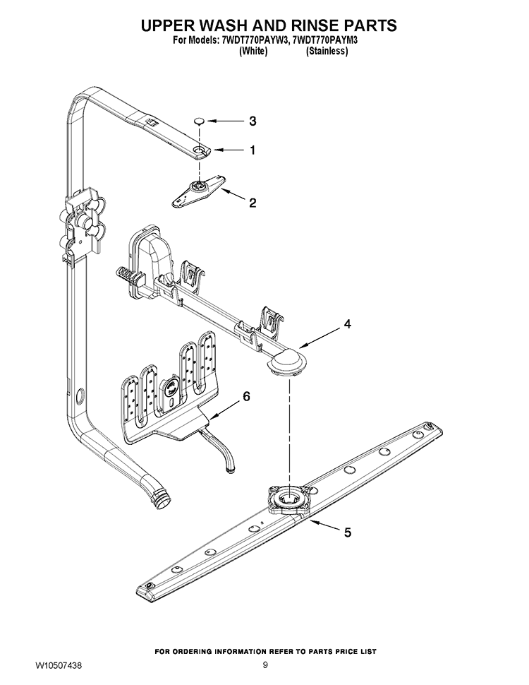 UPPER WASH AND RINSE PARTS Diagram and Parts List for 7WDT770PAYW3  Whirlpool Dishwasher