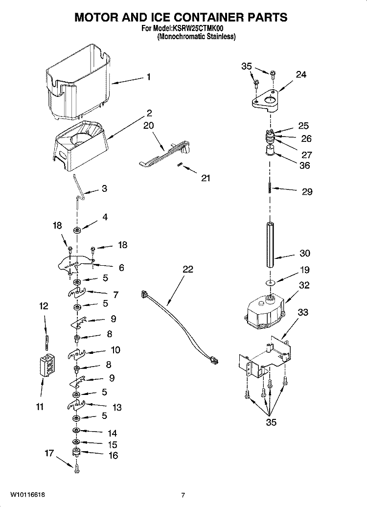 MOTOR AND ICE CONTAINER PARTS Diagram and Parts List for KSRW25CTMK00  KitchenAid Refrigerator