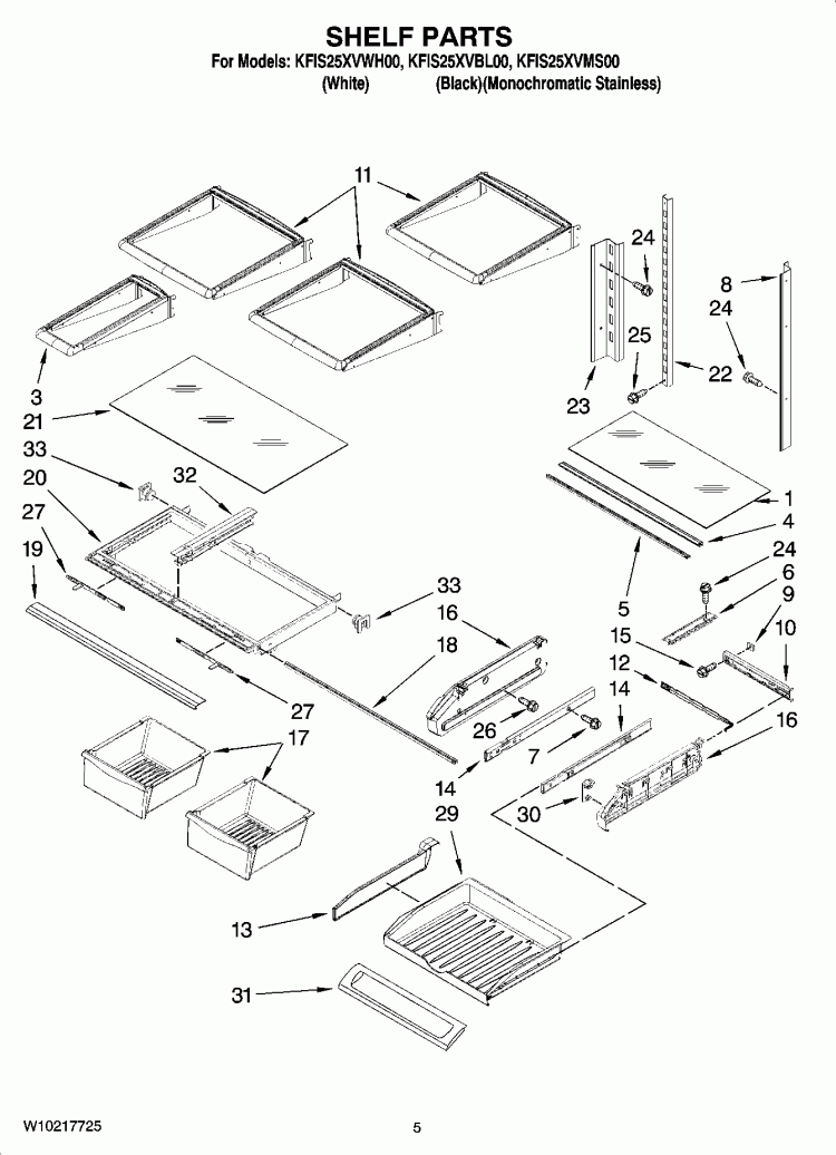 SHELF PARTS Diagram and Parts List for KFIS25XVMS00  KitchenAid Refrigerator
