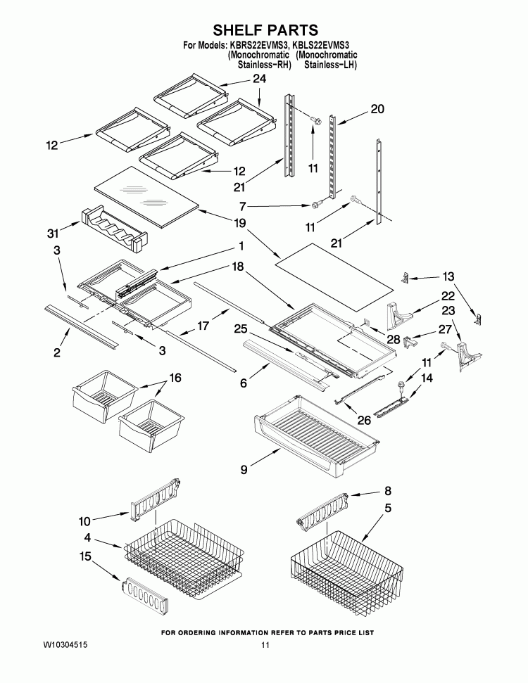 SHELF PARTS Diagram and Parts List for KBLS22EVMS3  KitchenAid Refrigerator