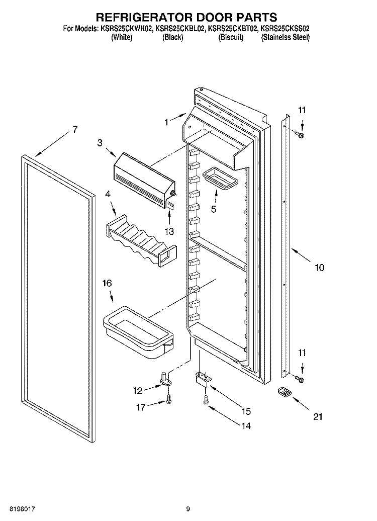 REFRIGERATOR DOOR Diagram and Parts List for KSRS25CKWH02  KitchenAid Refrigerator