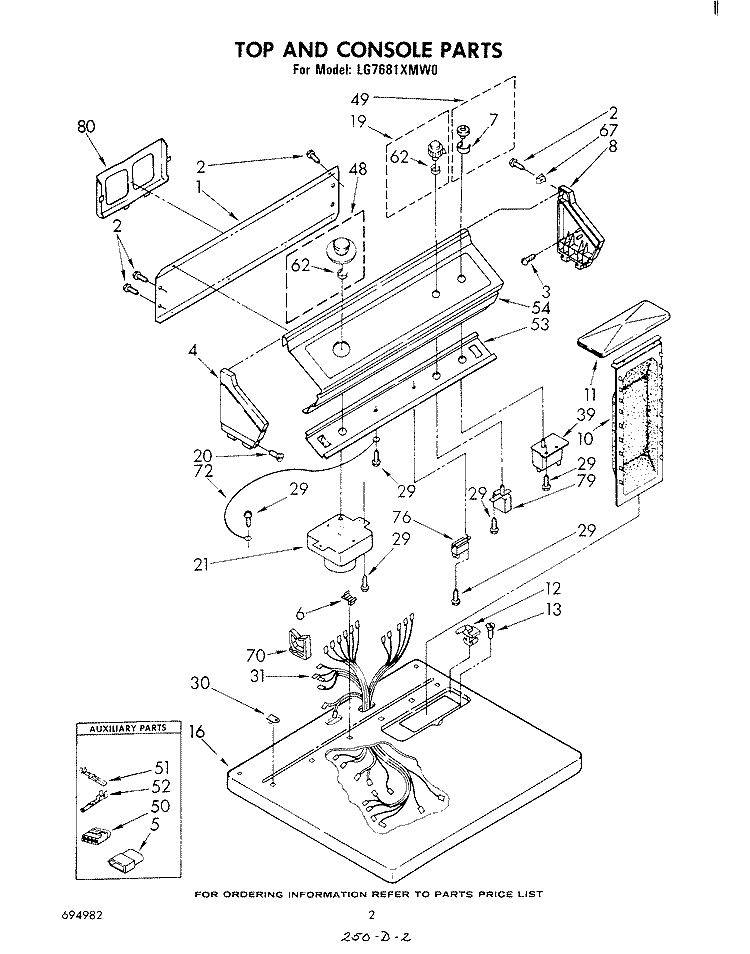 TOP AND CONSOLE , LITERATURE AND OPTIONAL Diagram and Parts List for LG7681XMW0  Whirlpool Dryer
