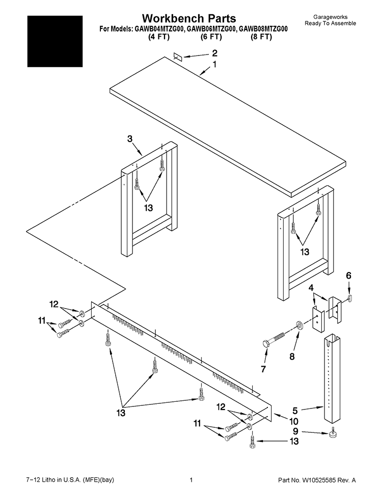 Workbench Parts Diagram and Parts List for GAWB08MTZG00  Whirlpool Workbench
