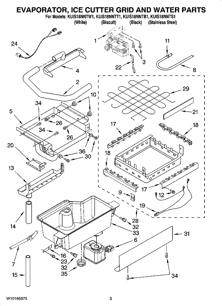 EVAPORATOR, ICE CUTTER GRID AND WATER PARTS Diagram and Parts List for KUIS18NNTS1  KitchenAid Ice Maker