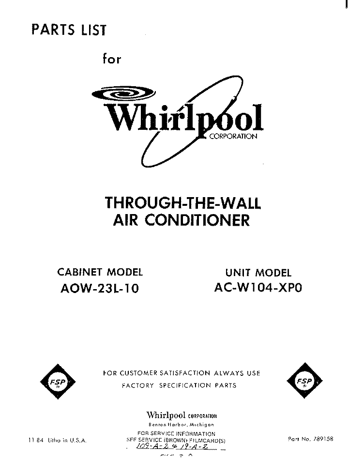 SECTION Diagram and Parts List for ACW104XP0  Whirlpool Air Conditioner